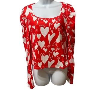 Women's Red White Heart Print Valentines Day Puff Sleeve Top Blouse sz L NWOT